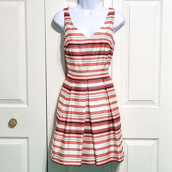 Ann Taylor Dresses & Skirts - Ann Taylor Striped Pin White Fit Flair Pleated Dress Shiny Satiny